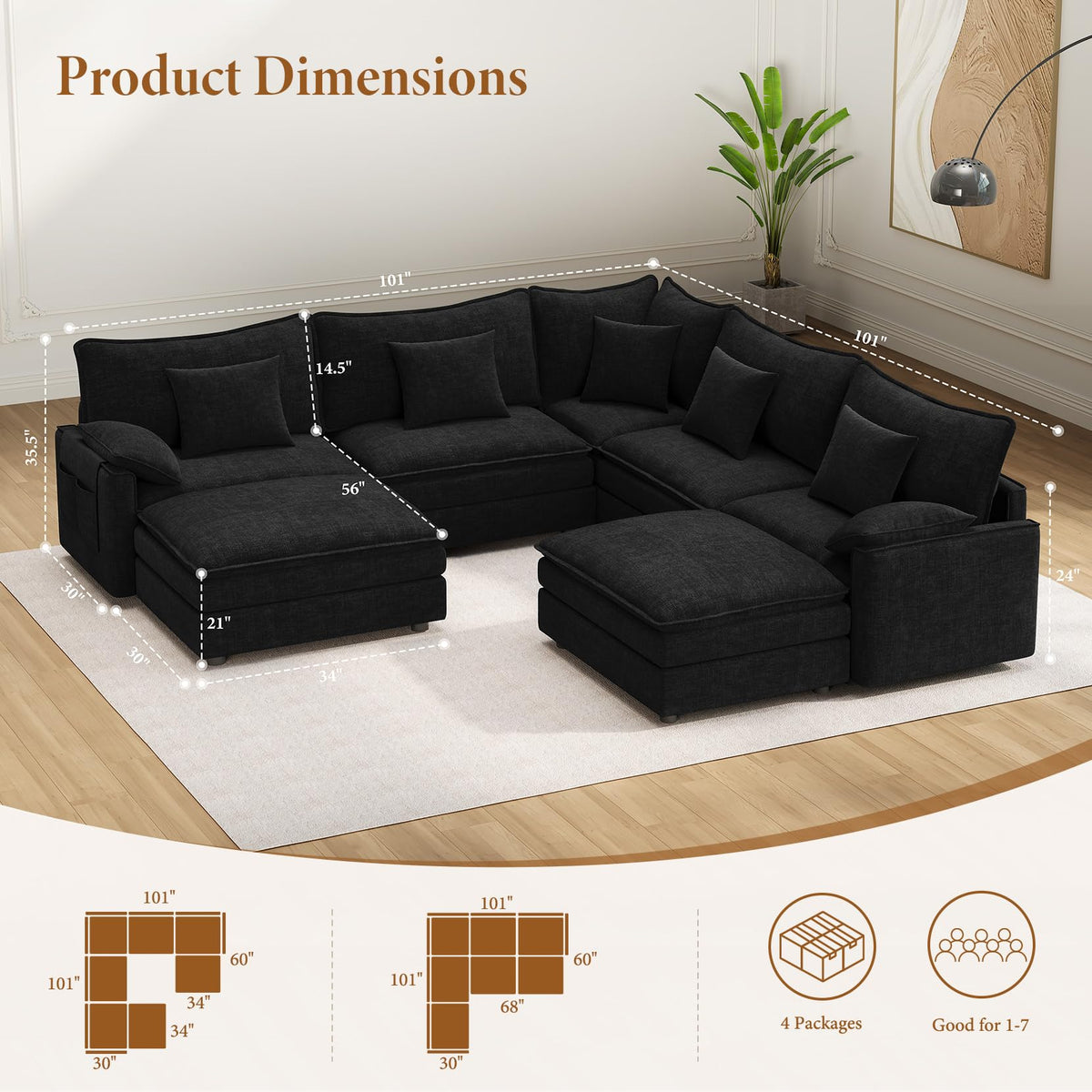 Vesgantti 101" V-Shaped Cloud Sofa Sectional, 7 Seat Corner Couch, Black