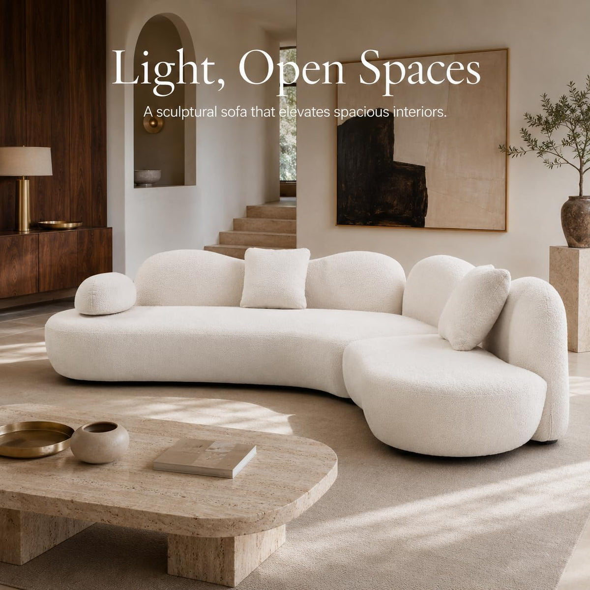 128" White Boucle Curved Sectional Sofa, 5-Seat Italian Modern Couch