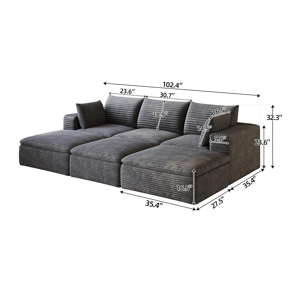 102" Oversized Boneless Modular Sectional Sofa Cloud Couch with 3 Ottomans Convertible Sleeper Sofa Bed for Living Room - No Assembly Floor Compression Sofa with Memory Foam and Deep Seat