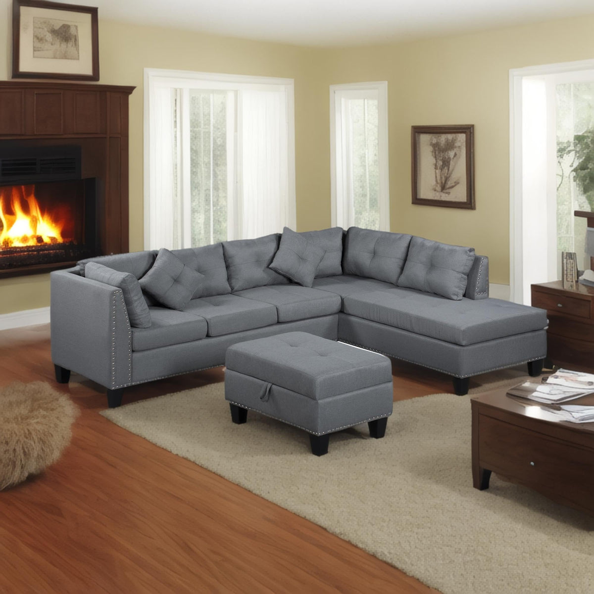 104.5" Upholstered Sofa,Chaise Ottoman, Gray