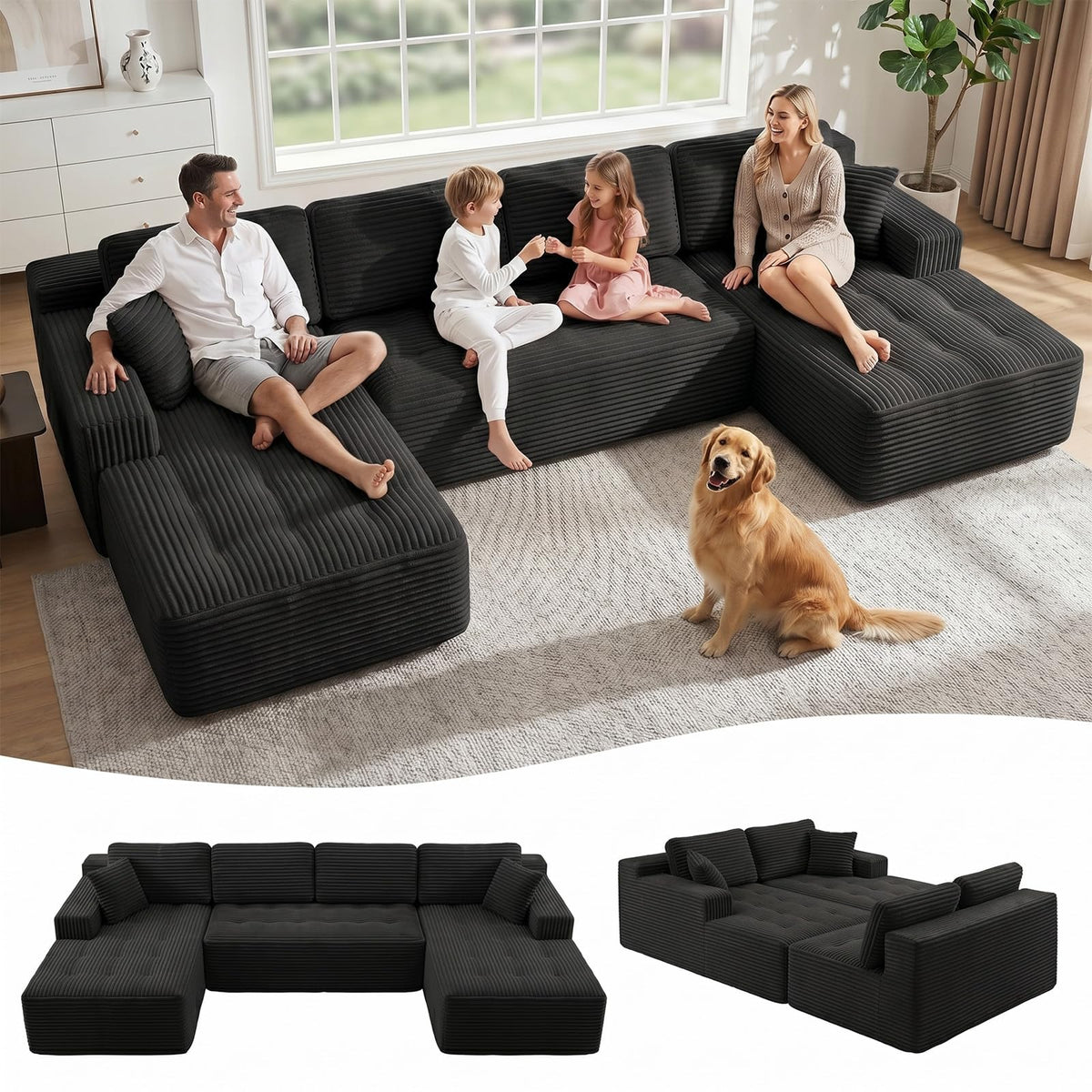 126" Oversized Cloud Boneless Couch, Modern Sofa Couch U Shaped Modular Sectional Sofa with Chaise, Premium Corduroy Fabric Boneless Couch for Living Room, No Assembly Required Black Floor Sofa