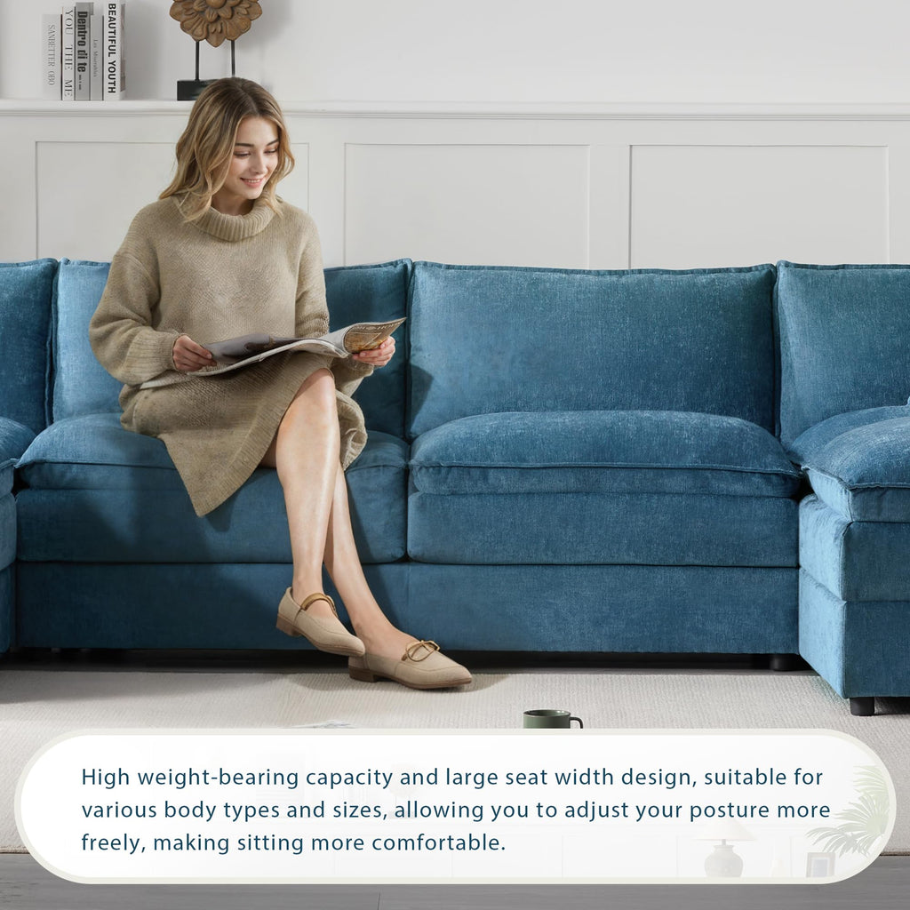 [NEW SKU of N723S1687C] 136" Chenille Modular Sectional Sofa with Deep and Wide Seat, U-Shaped Cloud Couch Set with Double Cushions, 6 Seat Sofa with Movable Ottoman, Oversized Indoor Furniture Enhan