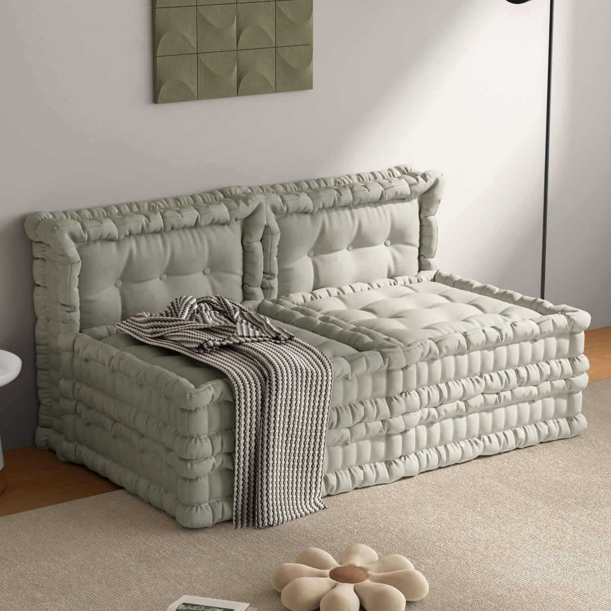 WOWMAX 4 Sets Floor Sofa Couch Bed Convertible Lazy Sofa Sleeper Bed, Floor Chair Bed Mattress Oversized Floor Pillow Ideal for Reading & Gaming, Home Decoration, Light Blue Flowers