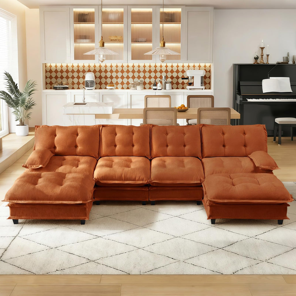 107.5" Modular Sectional Sofa-Chenille Deep 3 Seater L-Shaped Cloud Couch with Ottoman, Button Seat Cushions for Living Room & Apartment, Orange