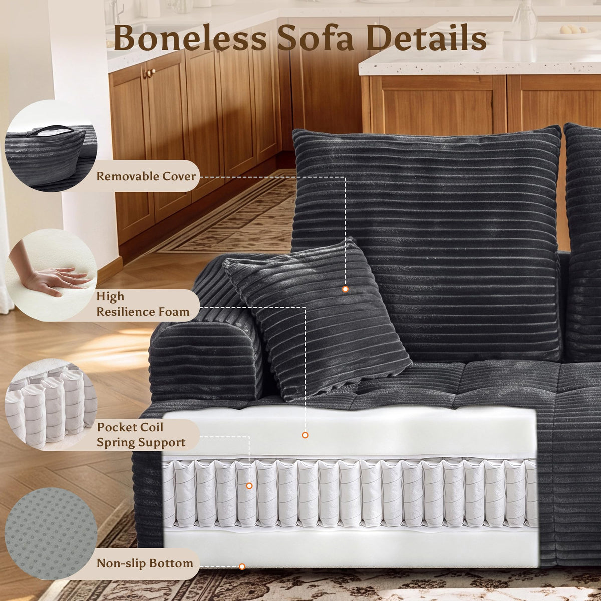 110" U Shaped Boneless Couches for Living Room, Cloud Couch with Ottoman