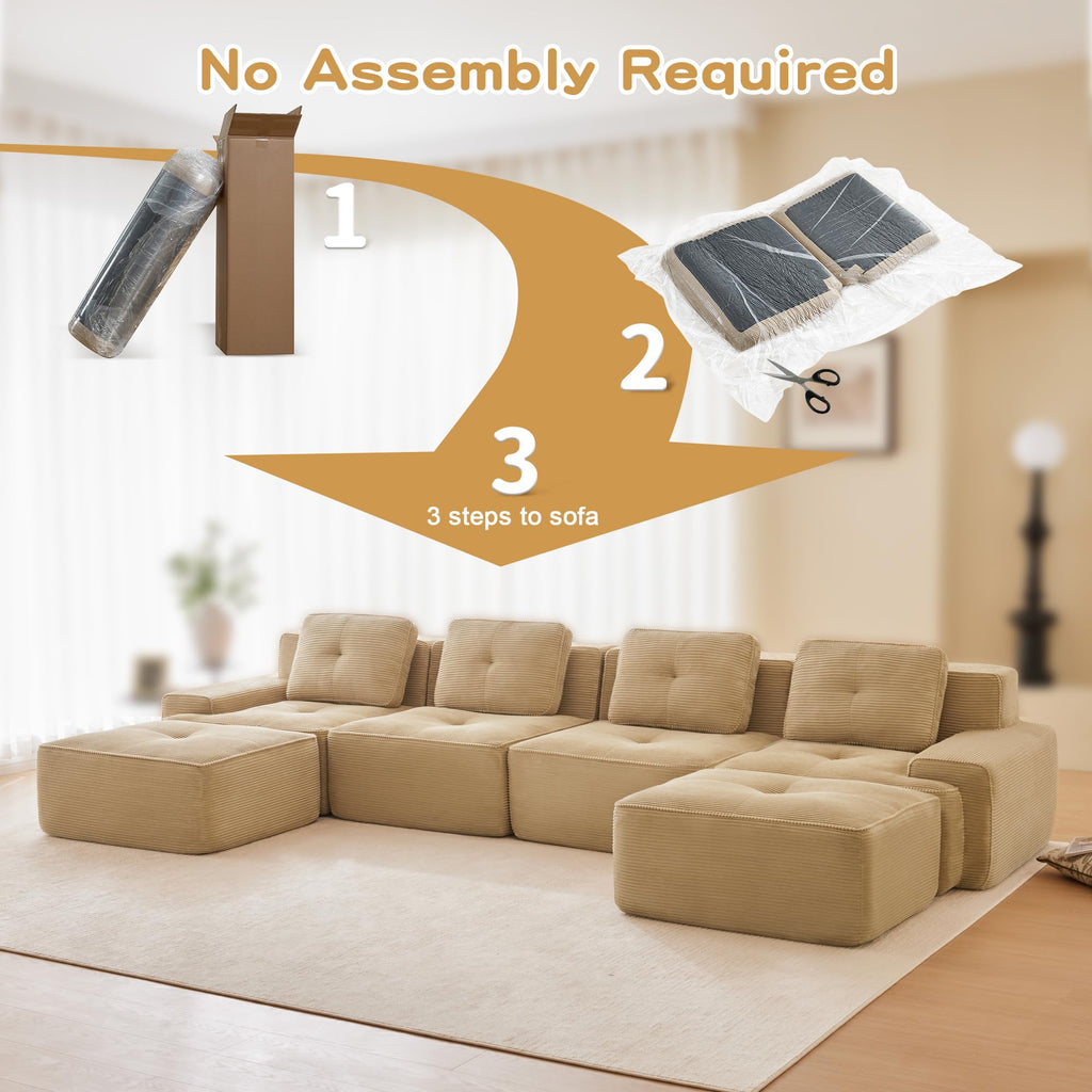 Tidyard 15? Modern U-Shaped Modular Sectional Sofa for Living Room, Corduroy Fabric 4-Seater Couch with Deep Seat & 2 Movable Ottomans, Pearl Piping, Tufted Design, No Assembly, Anti-Slip Base, Camel