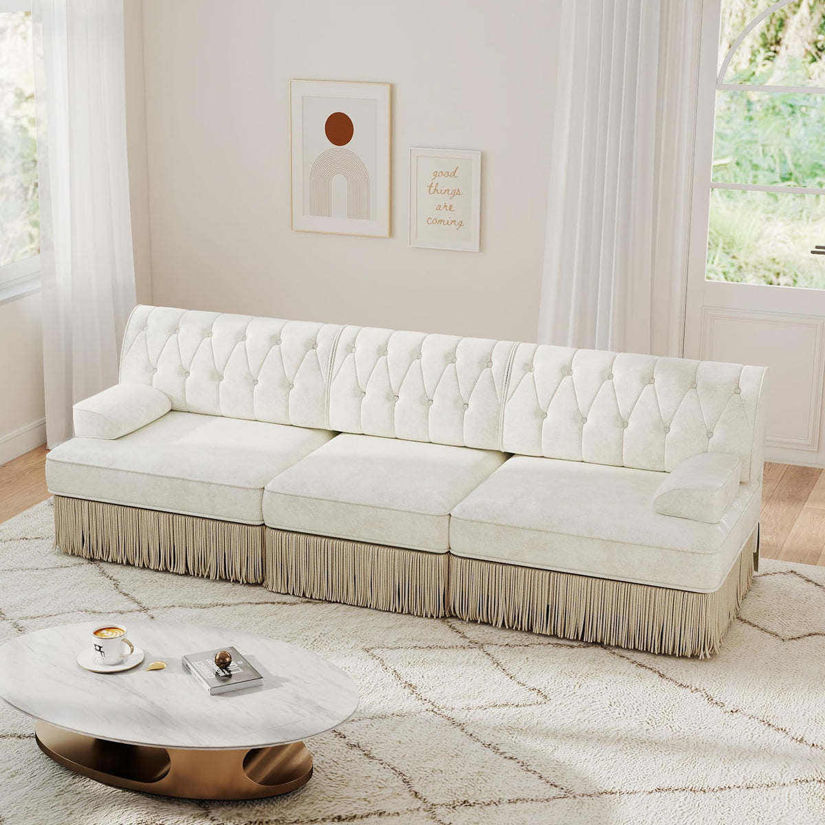 Unique Chesterfield Style Modular Sectional Sofa, 135.6” L-shaped Boneless Sofa with Velvet Fabric, Floor-grazing Tassel Fringe Skirt and Button Tufted Design for Living Room, Easy to Assemble, Beige