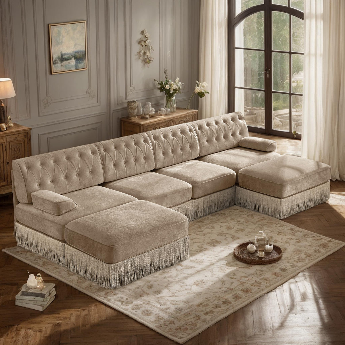 106'' Modern Chesterfield Style 3-Seater Sofa with 2 Ottoman, Upholstered Velvet Modular Sectional Sofa with Button Tufted, U Shape Deep Seat Cloud Sectional Couches for Living Room (Green)