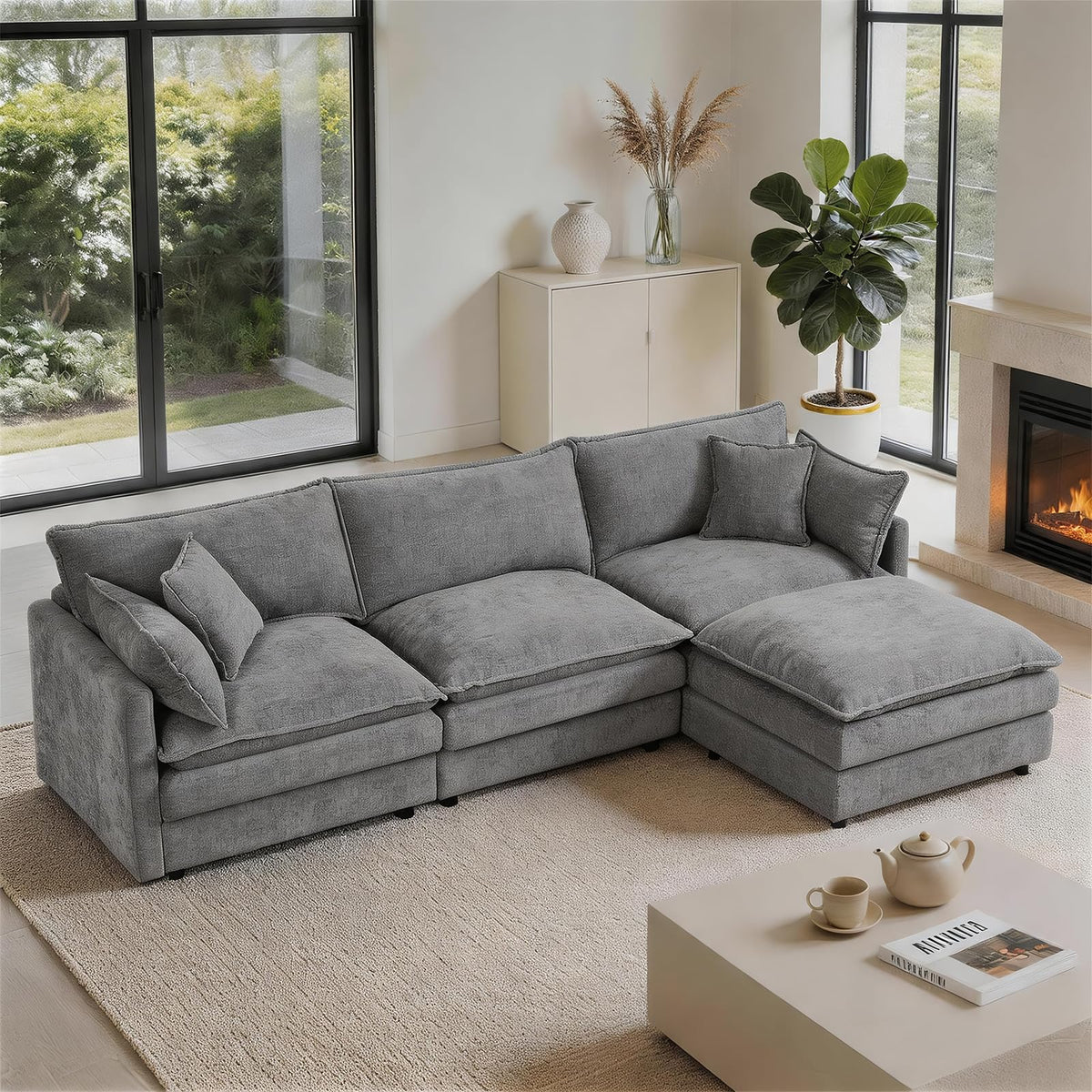 102" Modular Sectional Sofa, Chenille Couch with Ottoman,Beige (1, Camel, 110)