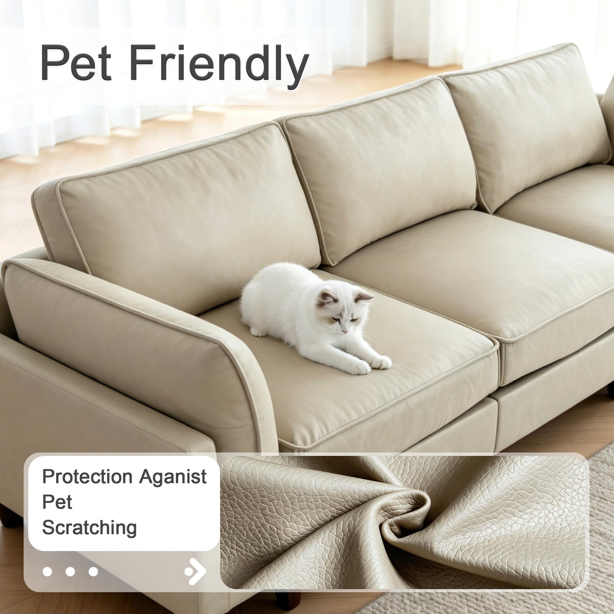 126.3" Oversized L Shaped Sectional Couches for Living Room, 4-Seat Modular Sectional Sofa Set Leather Cloud Couch, Modern Beige Extra Large Deep Seat Couch with Removable Ottoman