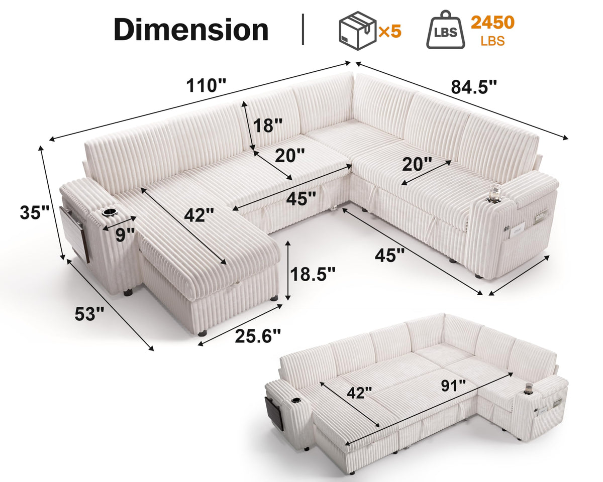 Vipbear 111" Modular Sectional Sleeper Sofa with Pull Out Bed, 7 Seat Plush Corduroy L Shaped Couch with Reclining Backrest|USB|Cupholders|Side Table|Storage Chaise Armrests, Beige
