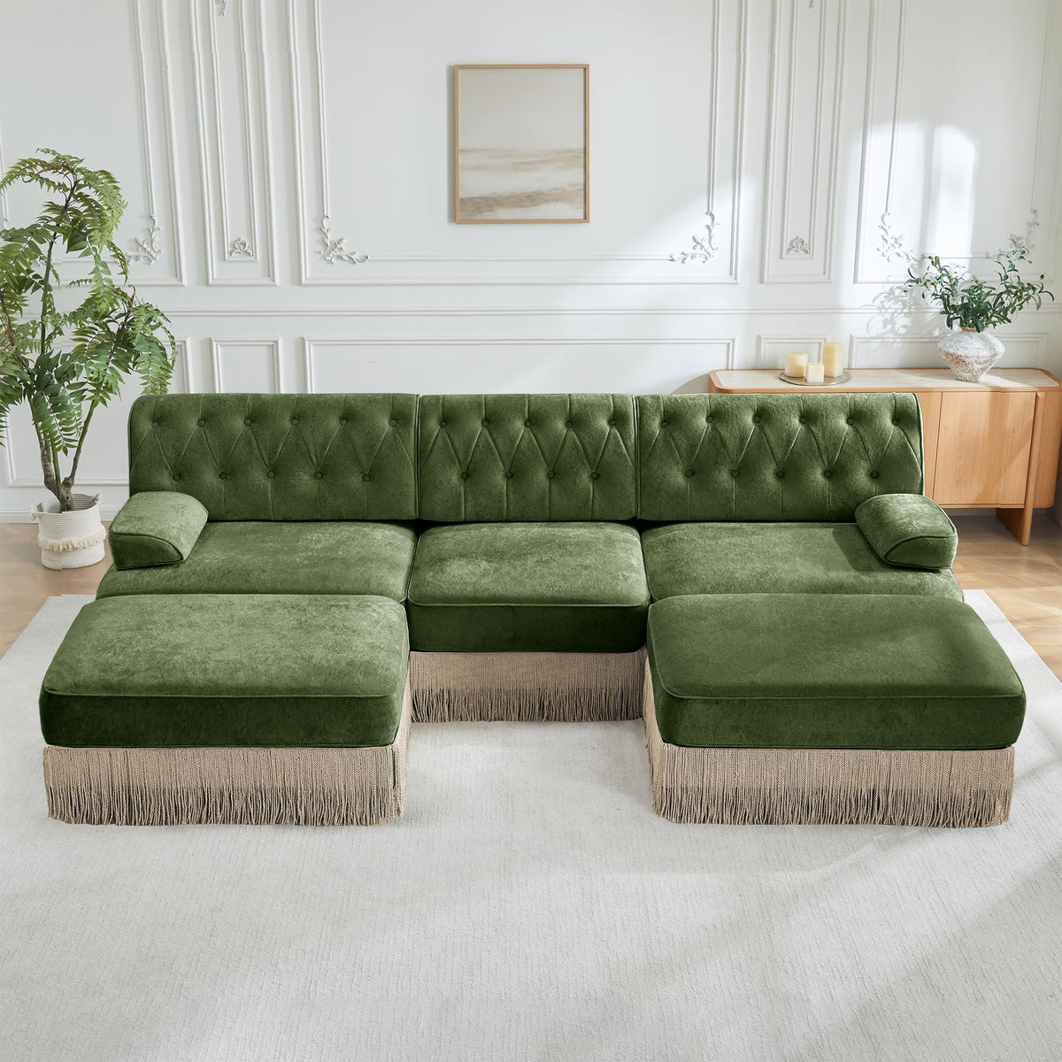 106'' Modern Chesterfield Style 3-Seater Sofa with 2 Ottoman, Upholstered Velvet Modular Sectional Sofa with Button Tufted, U Shape Deep Seat Cloud Sectional Couches for Living Room (Green)