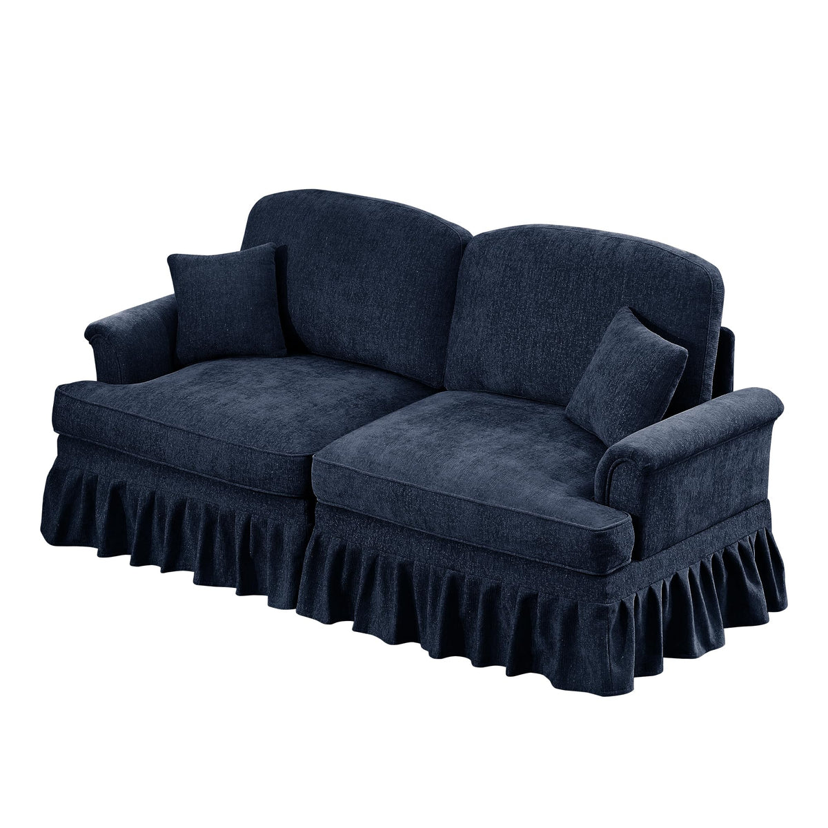Tidyard Elegant Mid-Century Two-Seater Sofa with Flared Arms, Removable Ruffles, Spindle Legs & Chenille Fabric, Comfy Living Room Couch, Blue