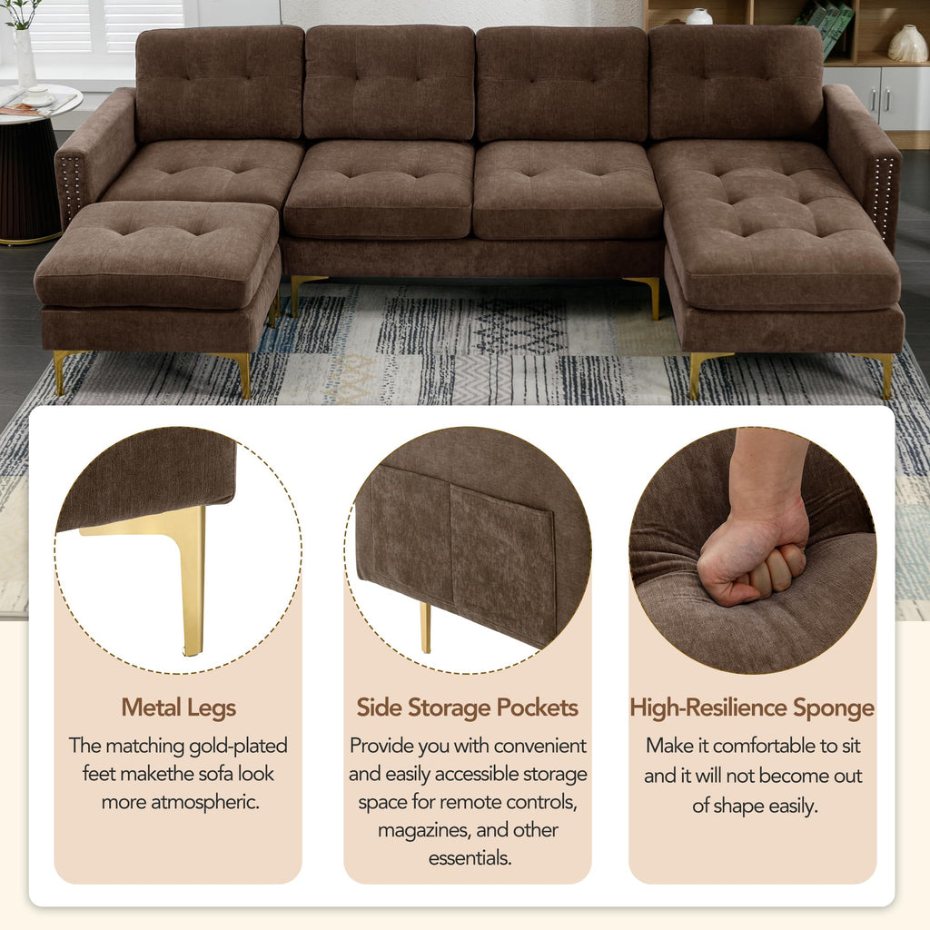 110.6" Velvet Sectional Sofa Couch with Chaise Lounge & Ottoman for Living Room, Modern Contemporary L-Shaped 4-Seat Tufted Sofa Couch for Apartment Office, Strong Metal Leg, Brown
