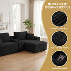 111" L Shape Boneless Couch with Cup Holders & USB Ports, 3 Seater Sectional Modular Couch with Storage Ottoman, Compressed Sofa Boneless Loveseat with for Living Room & Apartment, Jet Black