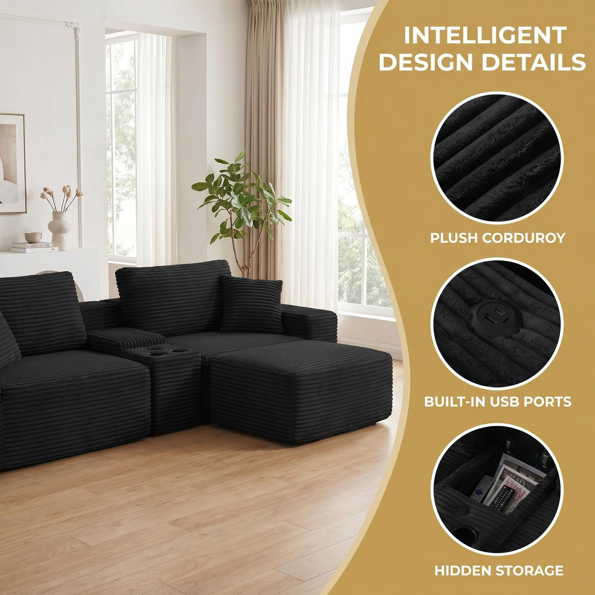 111" L Shape Boneless Couch with Cup Holders & USB Ports, 3 Seater Sectional Modular Couch with Storage Ottoman, Compressed Sofa Boneless Loveseat with for Living Room & Apartment, Jet Black