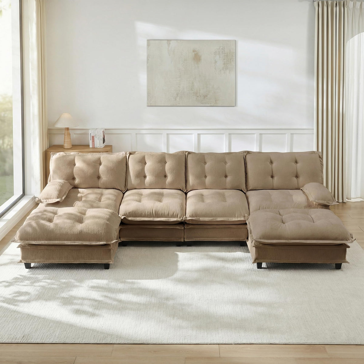 U Shaped Modular Sectional Sofa - 108" Chenille Cloud Deep Seat Couch with Ottoman, 5-Seat Comfy Lattice Decored Seat Cushion for Living Room, Apartment,Light Coffee
