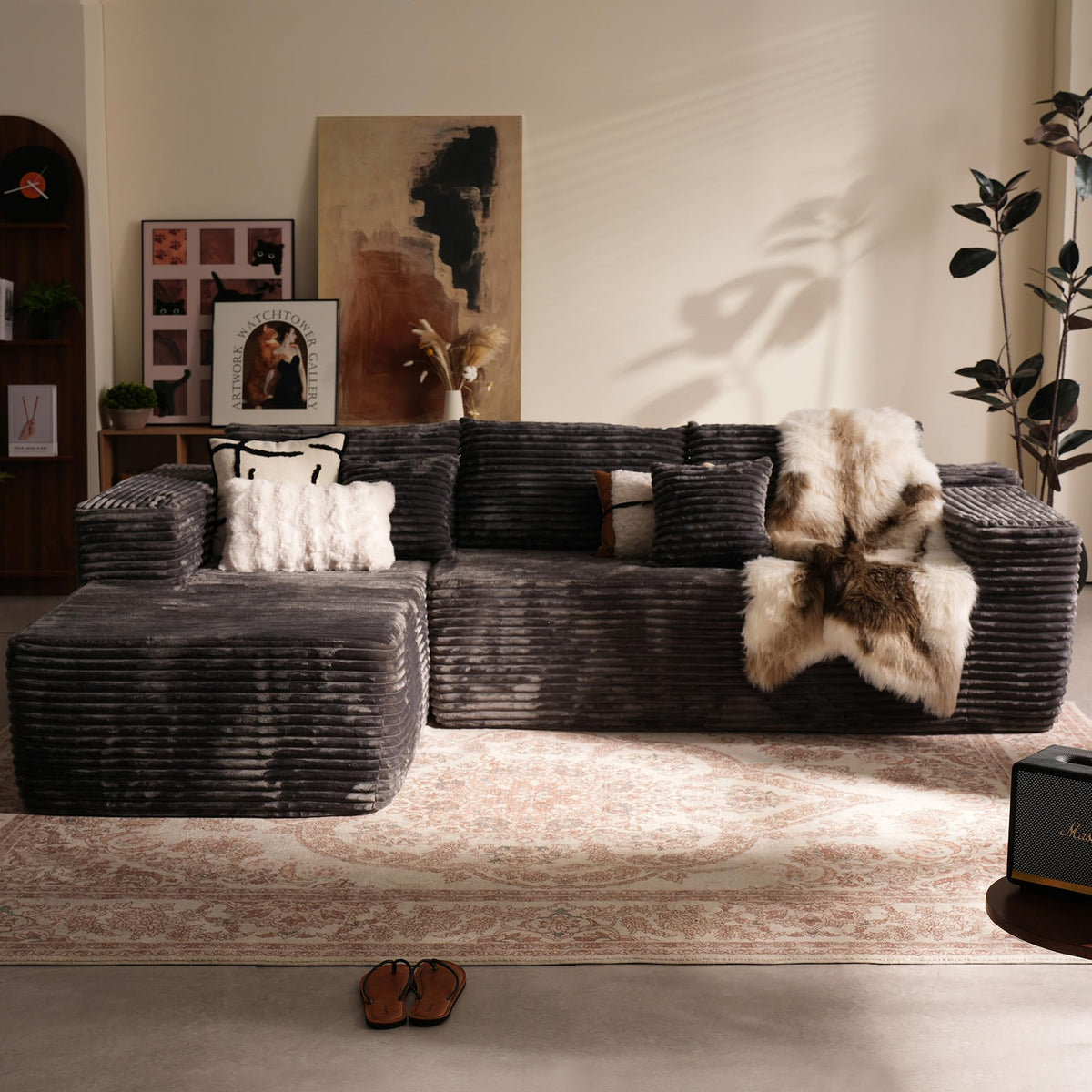 106" Modular Cloud Sectional Sofa Couch - L Shaped Lounge Couches for Living Room with Chaise,Mdoren Minimalist Sleeper Sofa,Deep Seat,No Assembly Required (Black,Plush Fur, Left Facing Chaise)
