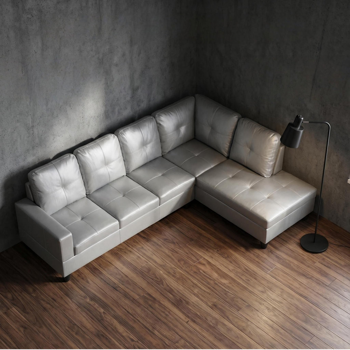 103.5" Sectional Couch with Movable Ottoman, L Shaped 4 Seater PU Faux Leather Sofa w/Chaise Lounge, Comfy Modern Modular Couch for Living Room, Apartment, White Stripes, Right, 3PCS