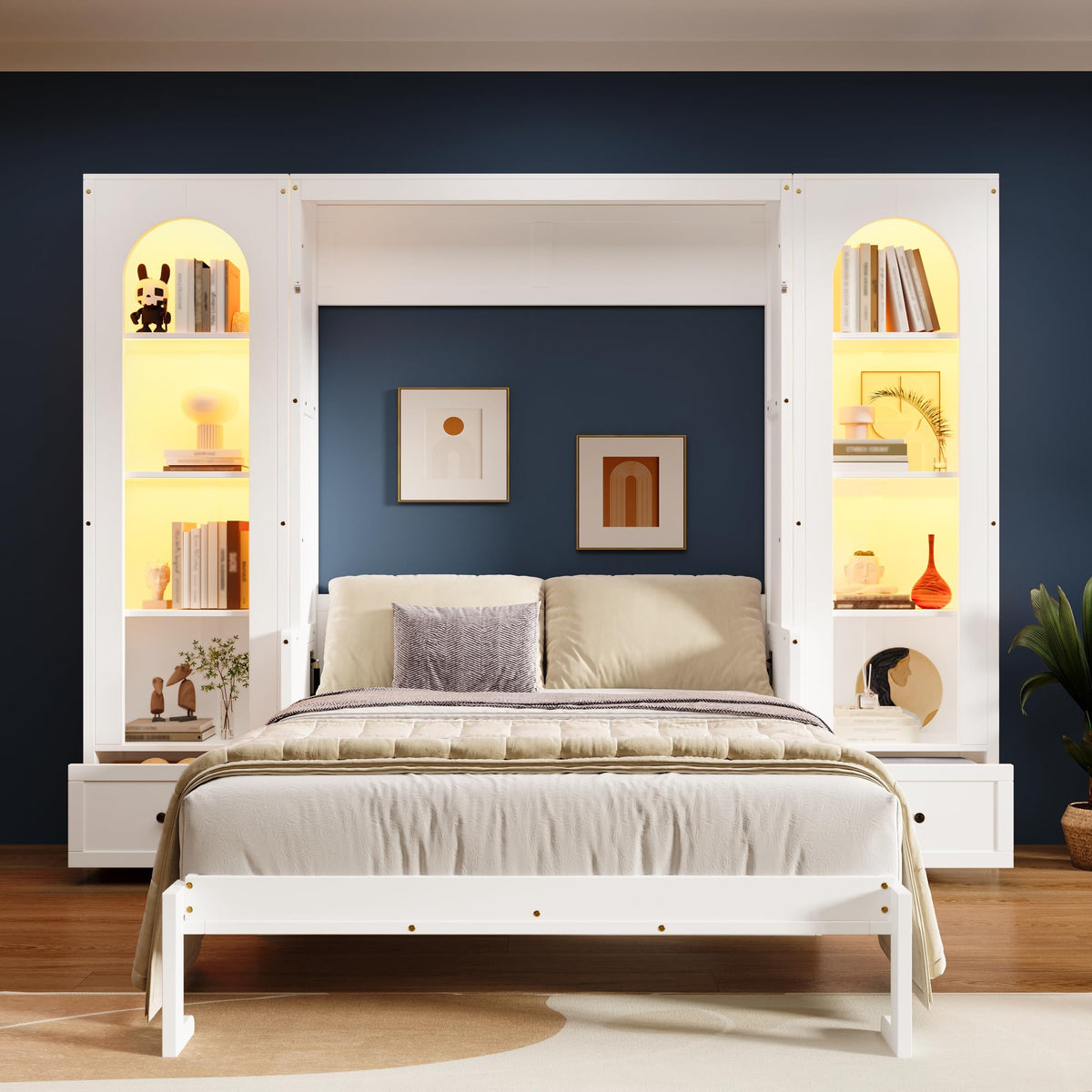 Wood Murphy Bed with Sofa, 4 Storage Shelves and USB Charging Station