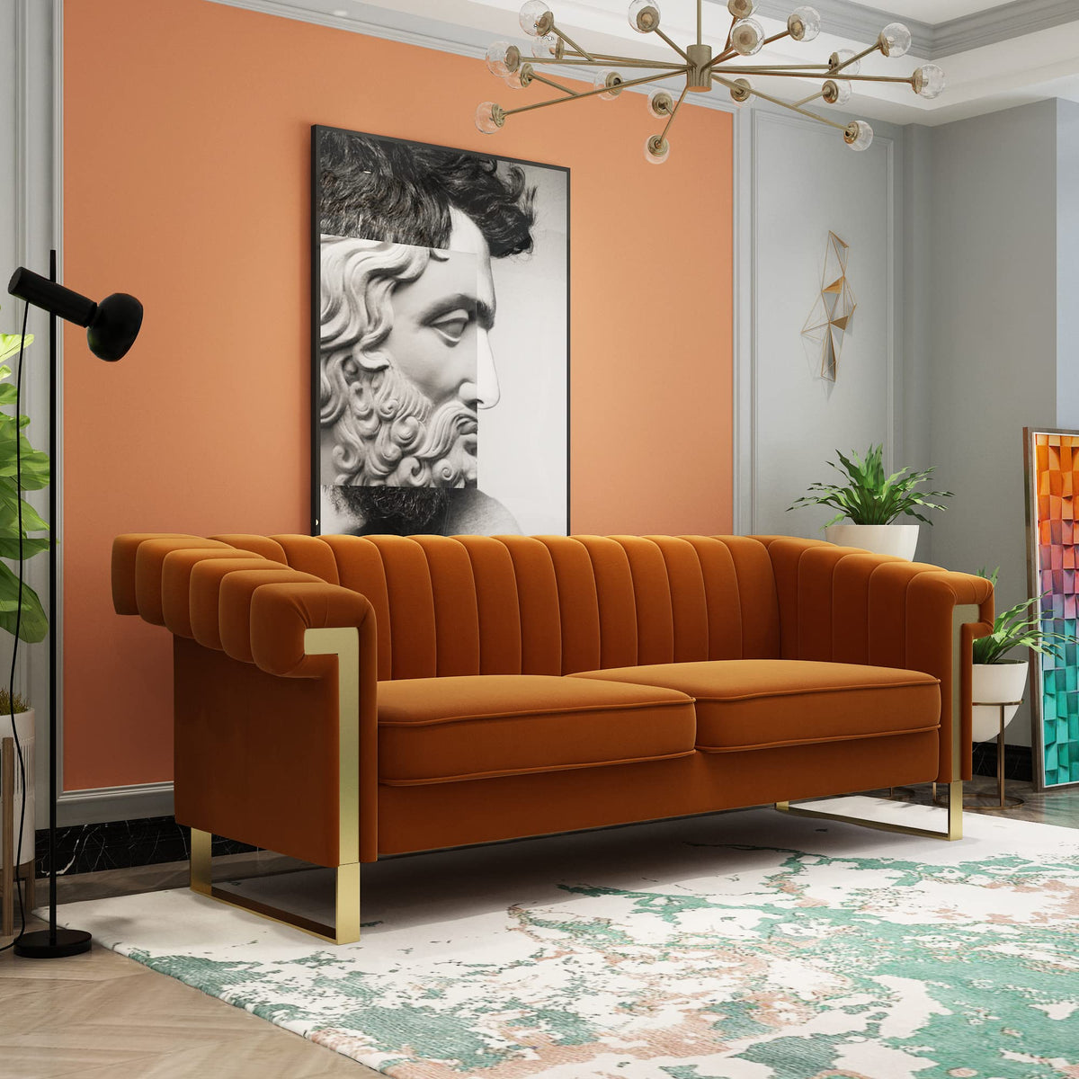 Tomkate 84" Chesterfield Sofa, Modern Velvet 3-Seater Couch with Gold Metal Legs & Removable Cushions, Upholstered Comfy Sofa with Stainless Steel Base for Living Room, Bedroom, Office (Green)