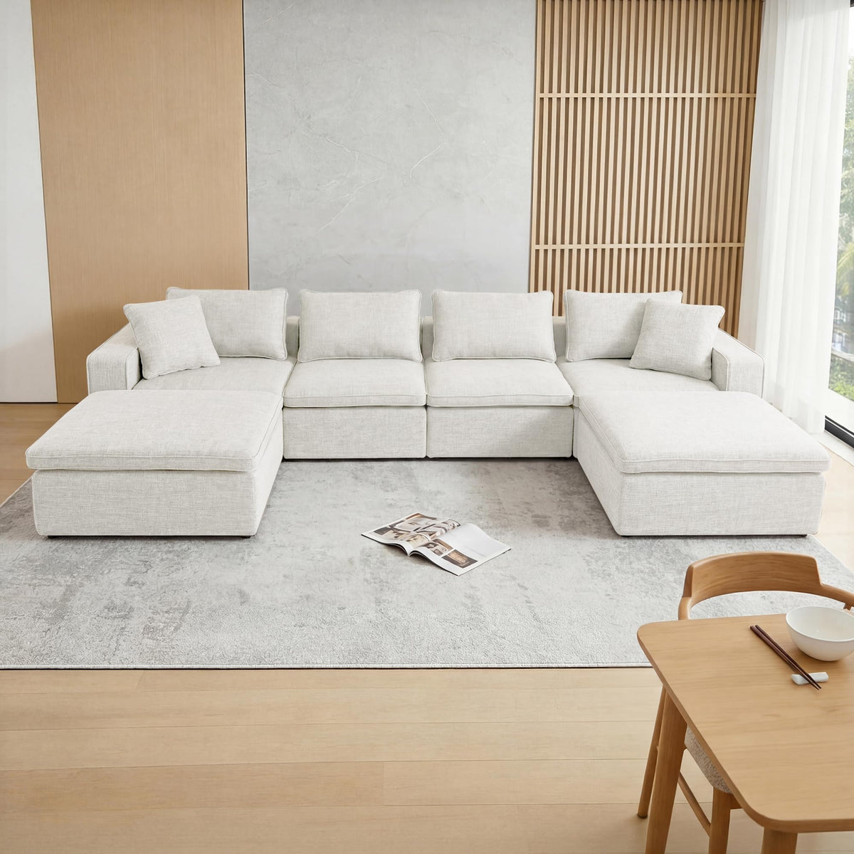 131" Cloud Modular Sofa, Oversized Sectional Couch with Washable Linen Fabric Covers, Large L-Shaped Deep Seat Sofa with Ottoman,7 Seater Down Filled Convertible Furniture for Living Room (Beige)