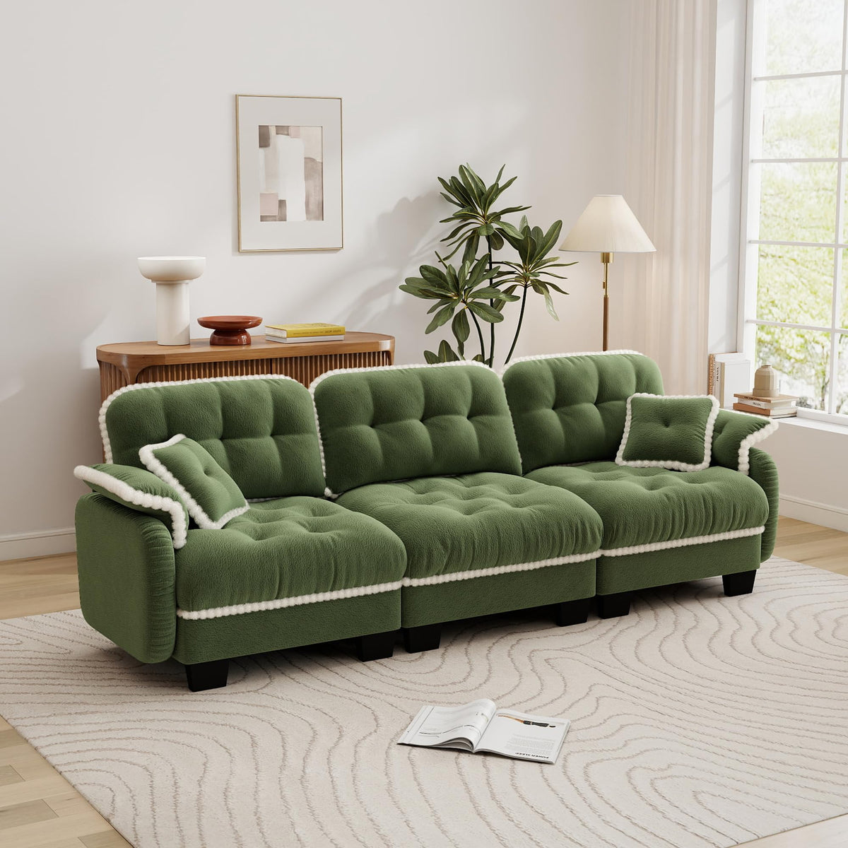100.7" Chenille Cloud 3-Seater Sofa, Tufted Deep Seat Couch with Pom-Pom Trim & 4 Pillows, Ergonomic Easy Assembly Modular Sofa for Living Room & Apartment（Green ）