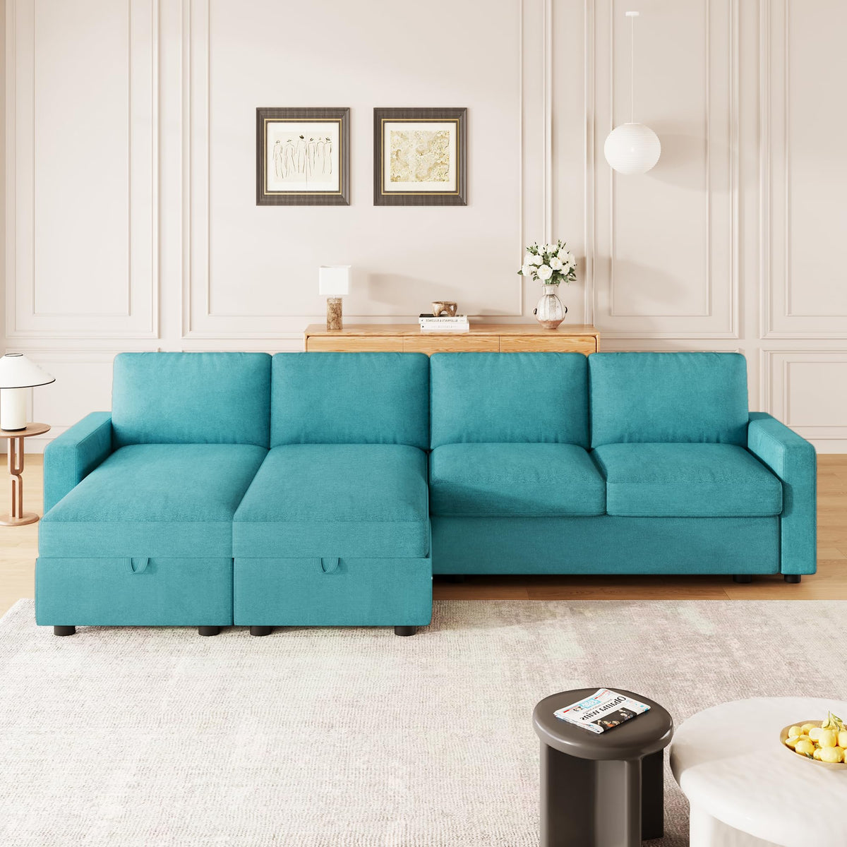 103.9" Sectional Sofa Convertible Sectional Sofa U Shaped Sofa with Two Storage Chaise Lounges and Four USB Ports for Living Room, Teal