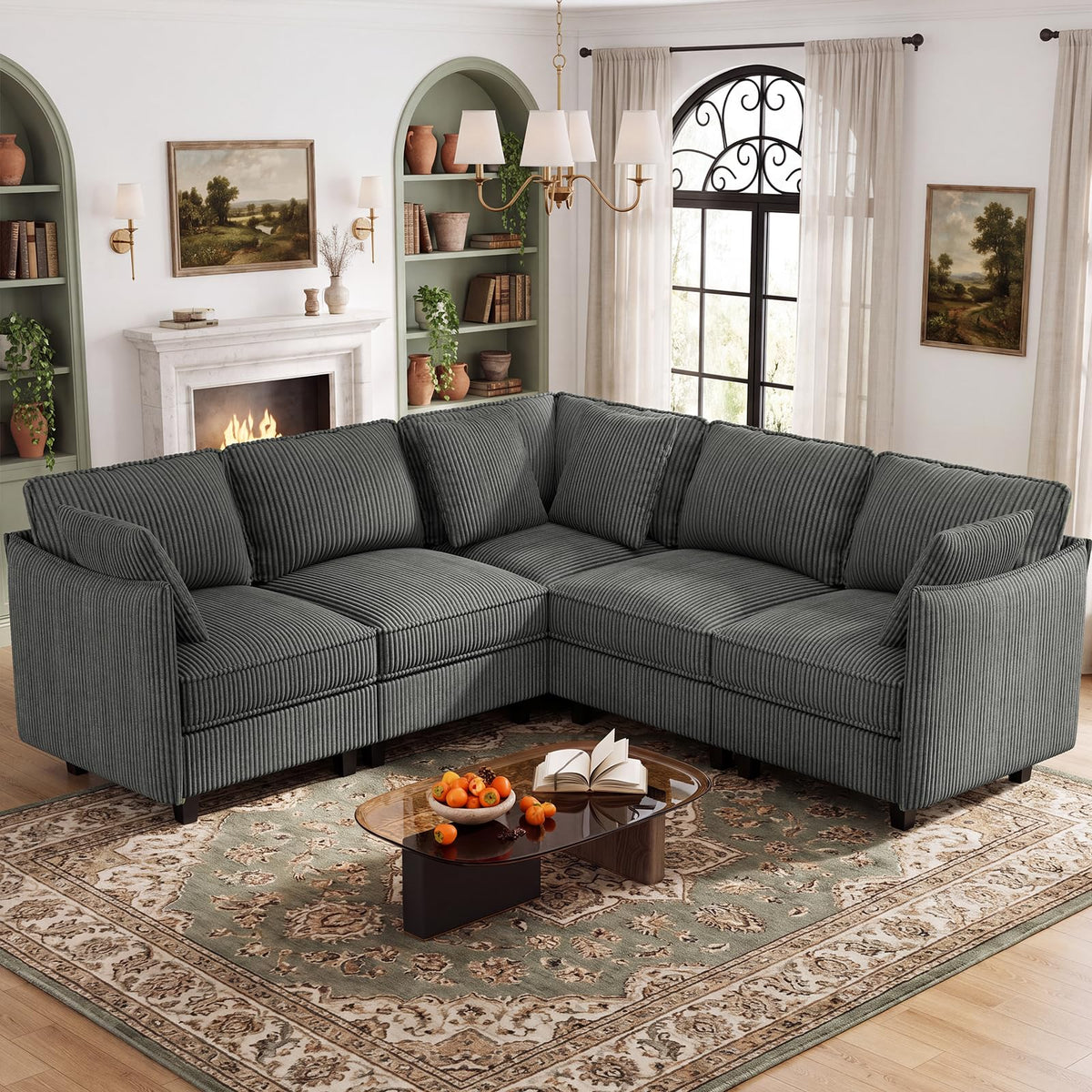 WorthFurni 84.8" Modular Sectional Sofa, 6 Seater Corner Sofa Modern V-Shaped Couch with 1 Storage Ottoman, Comfortable Corduroy Sofa with Throw Pillows for Living Room, Apartment, Green
