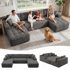 126" Oversized Cloud Boneless Couch, Modern Sofa Couch U Shaped Modular Sectional Sofa with Chaise, Premium Corduroy Fabric Boneless Couch for Living Room, No Assembly Required Black Floor Sofa