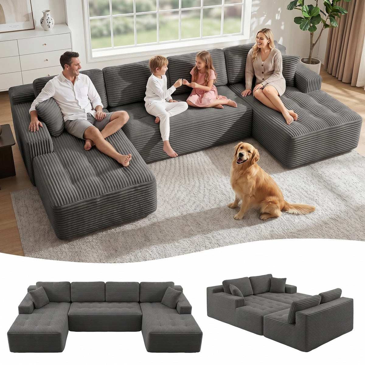 126" Oversized Cloud Boneless Couch, Modern Sofa Couch U Shaped Modular Sectional Sofa with Chaise, Premium Corduroy Fabric Boneless Couch for Living Room, No Assembly Required Black Floor Sofa