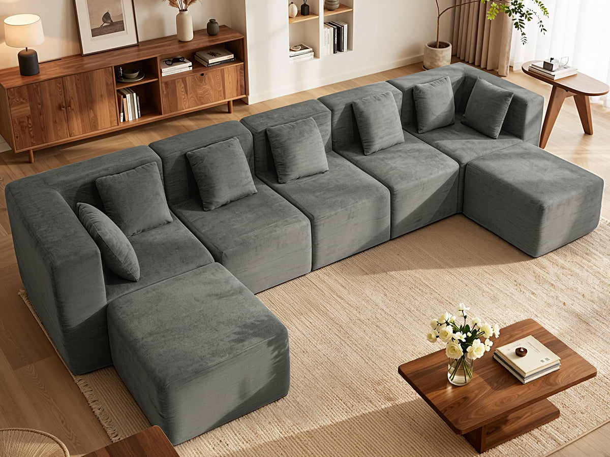103" Three-Layer Sponge Boneless Couch sectional for Living Room Modular sectional Sofa High-Back 4-Seater L-Shape Couch with Ottoman Memory Foam Waterproof Chenille Black