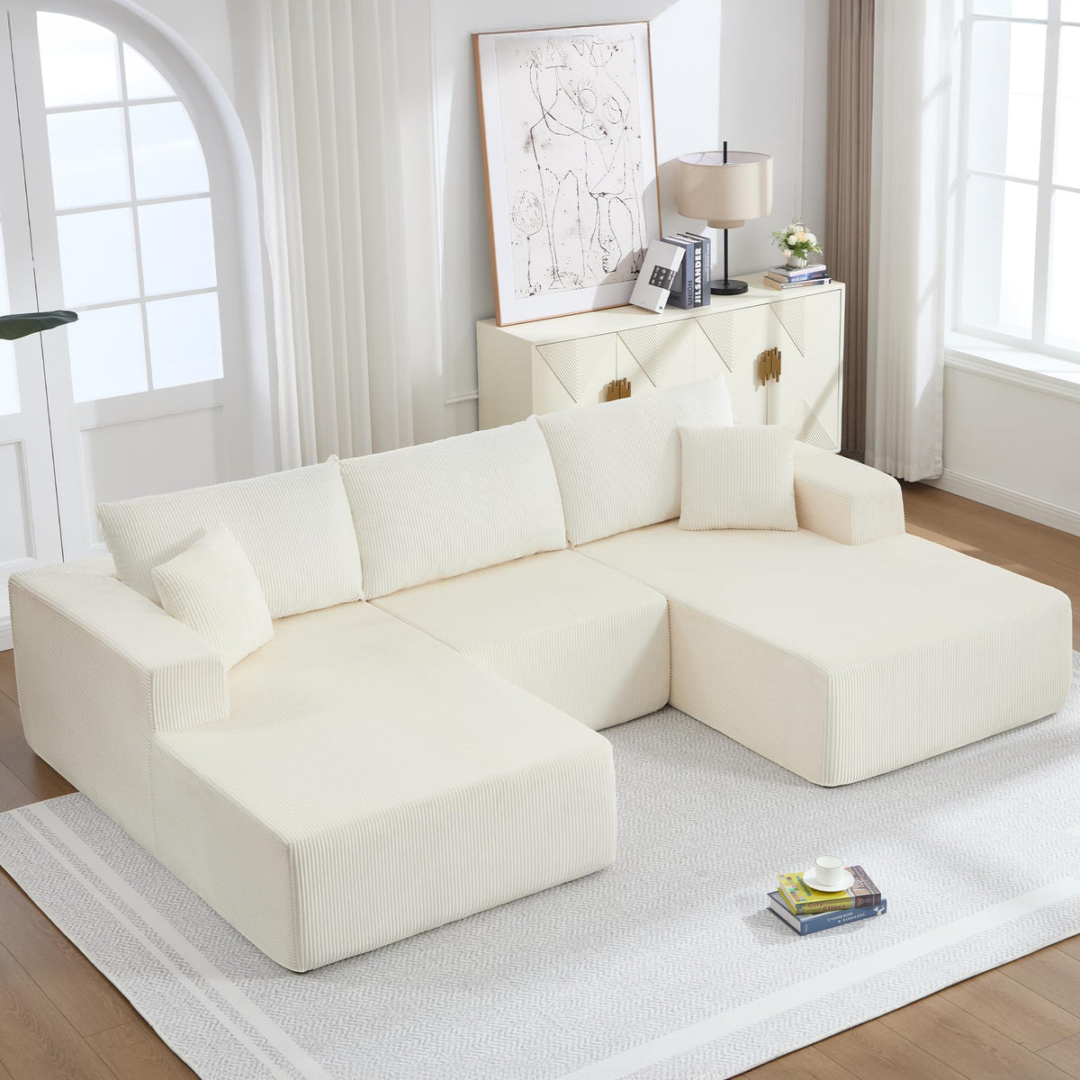 U-Shape Sectional Couch for Living Room,4 Seater Boneless Sofa Couch for Living Room Bedroom Apartments,146" Modular Sectional Corduroy Couch with Deep Seat,No Assembly Green