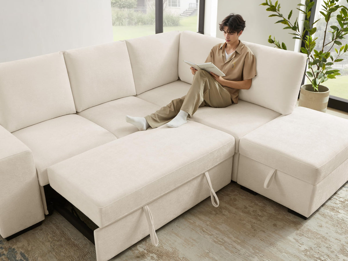 VANOMi 94" Modular Sleeper Sofa with Pull Out Bed, Ottoman, Beige Chenille