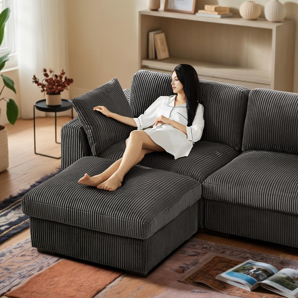 130" Sectional Couches for Living Room Boneless Couch Upholstered Cloud Couch Sectional Modular Sectional Sofa with L Shaped (Dark Grey, 3 Seat+1 Ottoman)