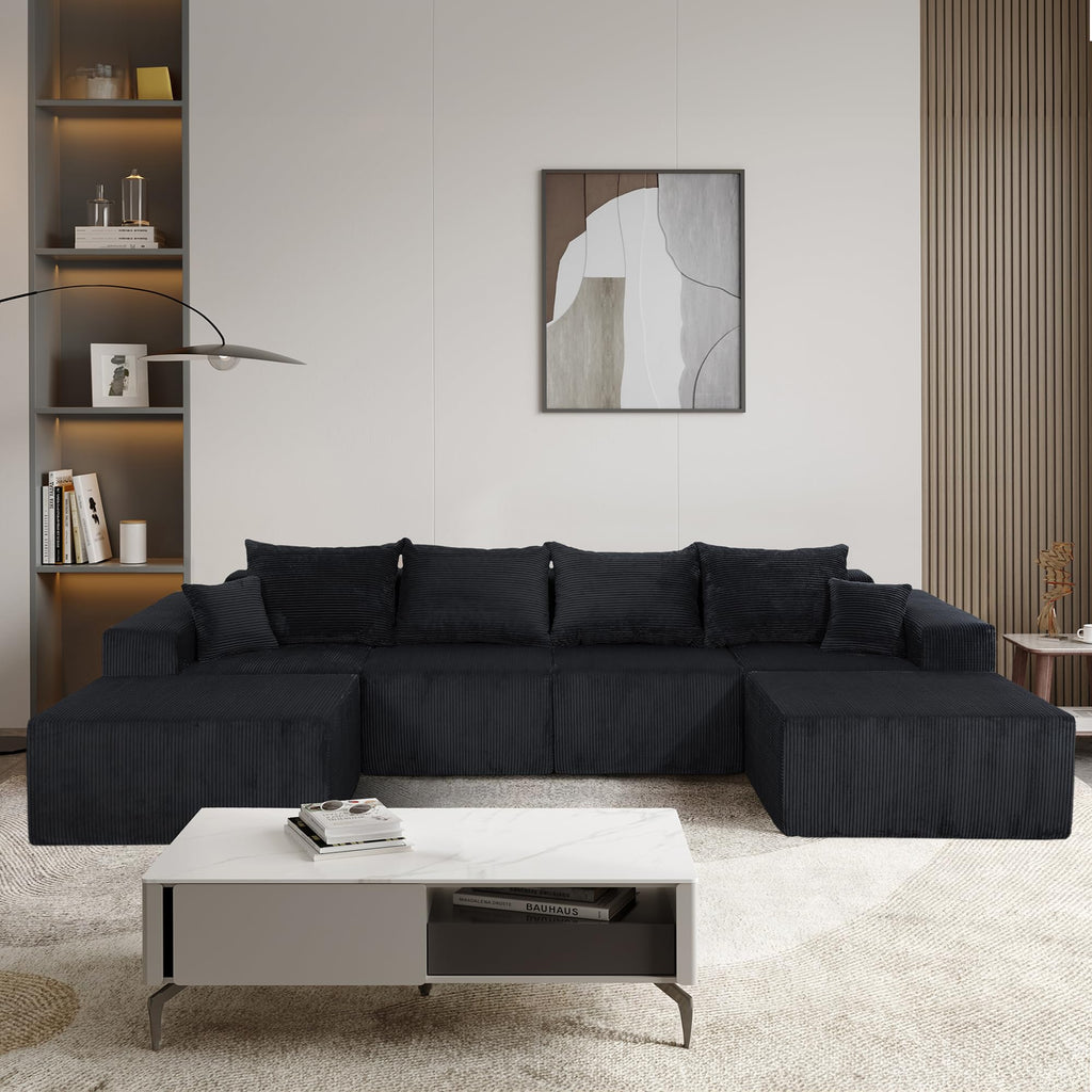 128" Premium Corduroy Deep Seat Chaise Lounge Indoor, Modern Boneless Compressed Floor Sectional Sofa with No Assembly, Free Combination Modular Cloud Sectional Sofa for Living Room, Black