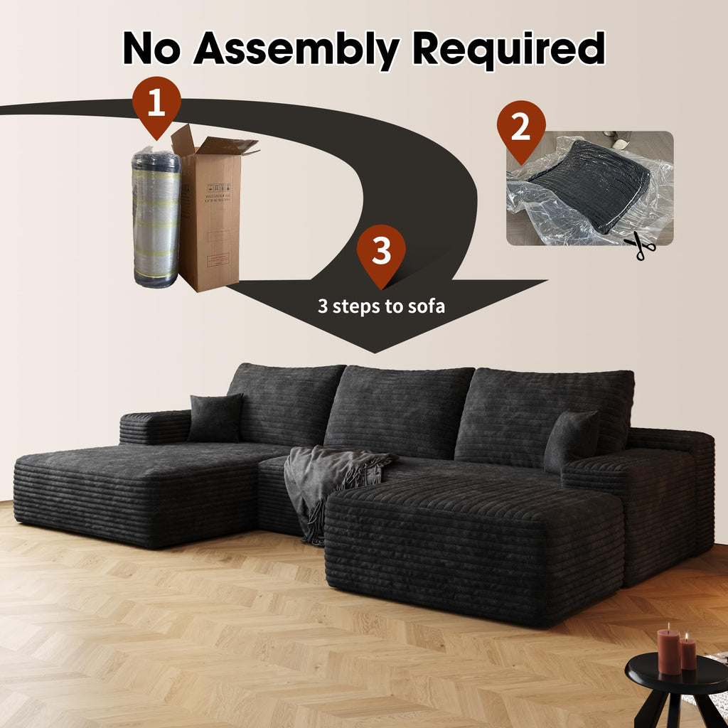 107" Oversized U Shaped Cloud Couch Sectional Sofa with Left Chaise Lounge and Ottoman, Plush Corduroy Upholstered Compressed Boneless Corner Sofa W/Deep Seat, No Assembly