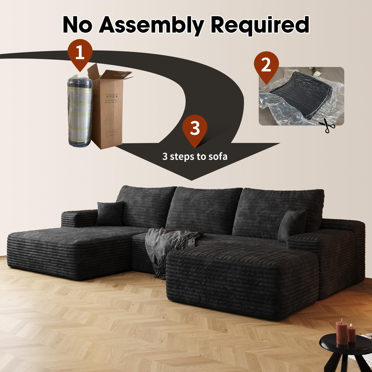 107" Oversized U Shaped Cloud Couch Sectional Sofa with Left Chaise Lounge and Ottoman, Plush Corduroy Upholstered Compressed Boneless Corner Sofa W/Deep Seat, No Assembly