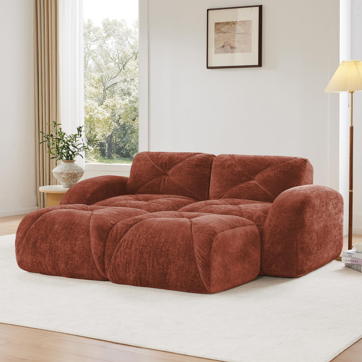 U-Shaped Sectional Sofa with 2 Movable Ottomans, 2-Seater Tufted Velvet Couch, Boneless Cloud Design, 32D High-Density Foam, No Assembly Required, Anti-Slip Bottom for Living Room Bedroom, Red Brown