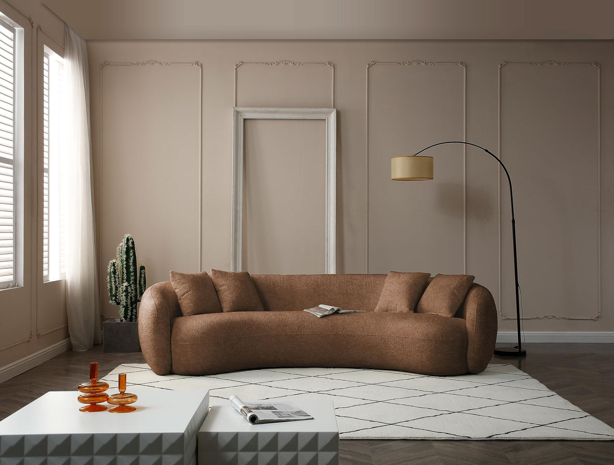 102'' Modern Minimalist Curved Lounge Sofa Oversized Teddy Velvet Fabric Upholstered 5-Seater Comfortable Half-Moon Sofa with 4 Cushions for Offices, Apartments and Living Rooms (Brown + Boucle)