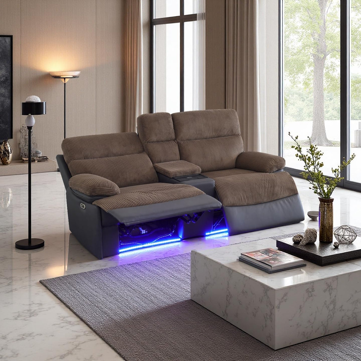 A Ainehome Power Leather Recliner Sofa Set with LED Lights, Recliner Sofa Sectional Couches for Living Room, Reclining Sofa, loveseat, Chair with USB Port/Storage Console/Cup Holder(black,3-piece set)