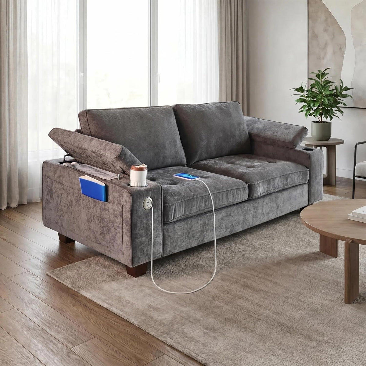 100" L Shaped Sectional Sofa with Hidden Armrest Storage, USB & Type-C Charging Ports, 4-Position Adjustable Armrests, Built-in Cup Holders, Upholstered Couch for Living Room, Brown