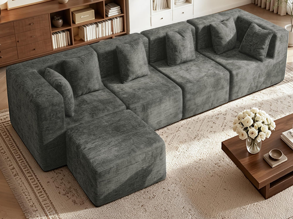 103" Three-Layer Sponge Boneless Couch sectional for Living Room Modular sectional Sofa High-Back 4-Seater L-Shape Couch with Ottoman Memory Foam Waterproof Chenille Black