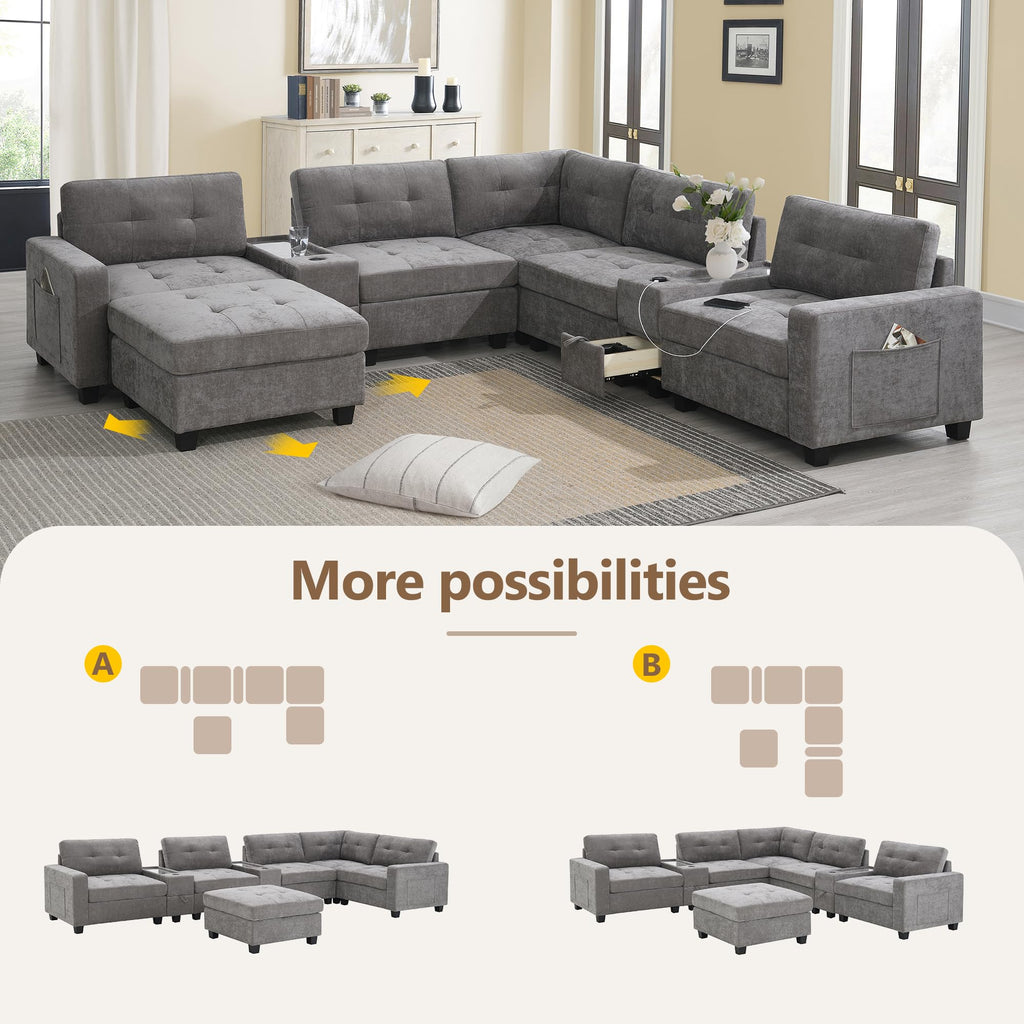 104'' Sectional Sofa with Acrylic Table Top,Chenille U Shaped Couch Set with 2 Consoles,USB Charger,Storage Drawers and Pockets,Movable Ottoman,Tufted Sofa for Living Room,Apartment, Gray