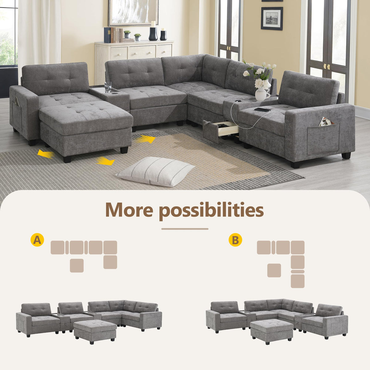 104'' Sectional Sofa with Acrylic Table Top,Chenille U Shaped Couch Set with 2 Consoles,USB Charger,Storage Drawers and Pockets,Movable Ottoman,Tufted Sofa for Living Room,Apartment, Gray