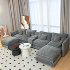 U Shaped Sectional Cloud Couch for Living Room,144" Comfy Fluffy Modular Sofa with Movable Ottoman Chenille 6 Seat Sectional Sofa Set with Storage Box, Cup Holders, Grey YP434