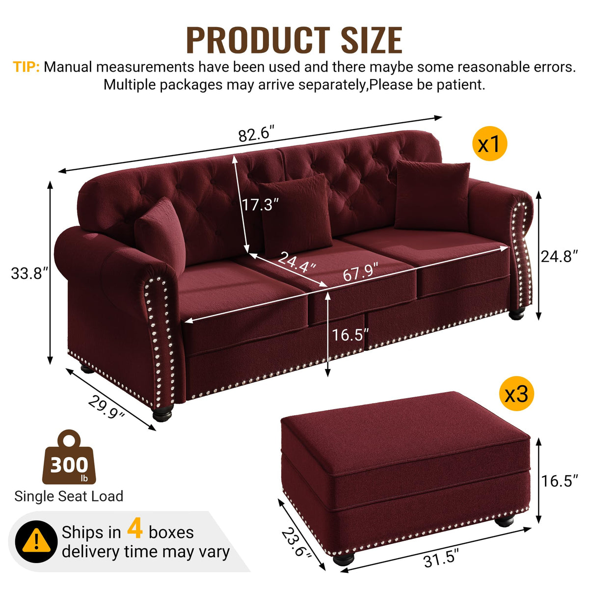 Velvet Chesterfield Sofa with Rolled Arms & Nailhead Trim, Modular Sectional Sofa Couches, Modern Cloud Sofa with Button Tufted, for Living Room, Bedroom, Small Space (Burgundy, 3 Seat+3 Ottoman)