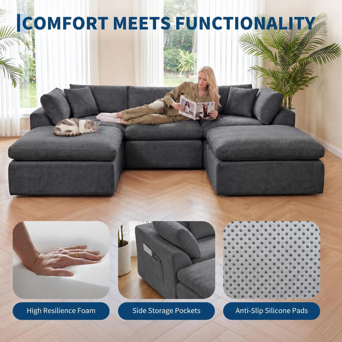 111" Boneless Sectional Couches for Living Room, 5 Seater Deep Seated U Shaped Cloud Couch with Ottomans, Chenille Compressed Modular Cloud Sofa Couch in a Box, No Assembly Required, Grey