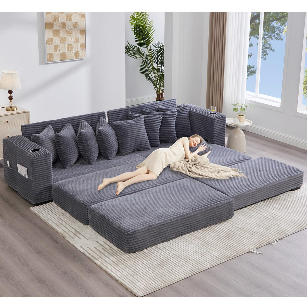 110.75" Modular L Shaped Sofa, Corduroy Fabric Sectional Couch,with a Movable Footstool, Cup Holders,Bring 8 Throw Pillows,Side Pocket,Unfold into a Bed,Dark Gray JZ993