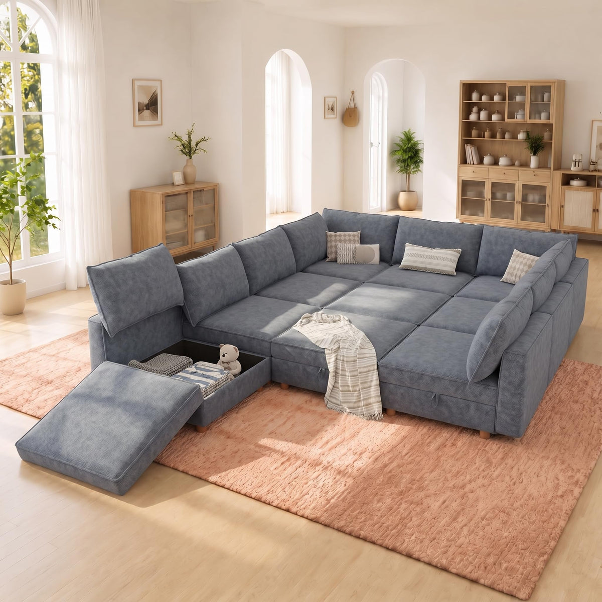 125" Chenille Modular Sectional Sofa Bed Hidden Storage, Convertible L U Shaped Sleeper Couch, 8 Seat Modern Modular Sectional Sofa with Removable Covers & Ottoman Chaise, for Living Room, Beige